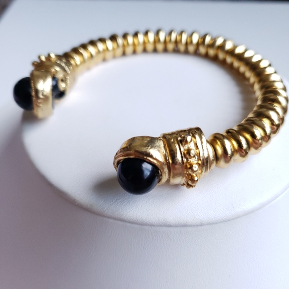 Chunky Vintage Yellow Goldtone Disc Cuff Bracelet w Black Glass Cabochons - Picture 2 of 16